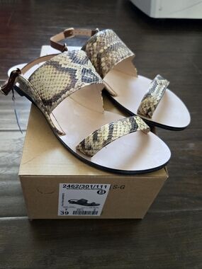 NEW ZARA Pala Tiras Serpiente Snake Print Sandals Natural Cream Brown Size 8 39